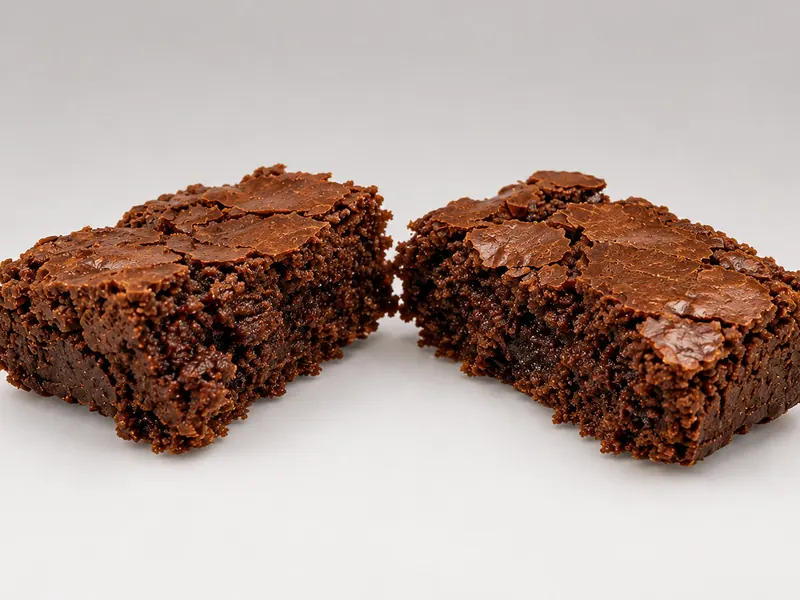 Brownico partido ao meio, mostrando a massa de chocolate e a casquinha craquelada