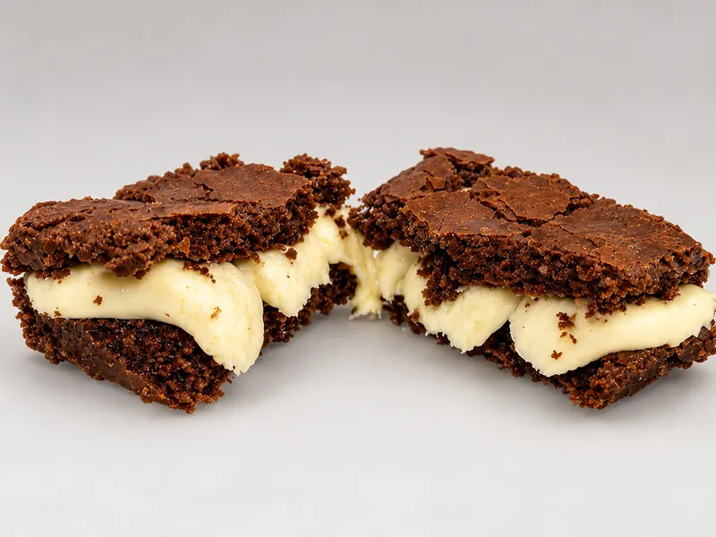 Browninho partido ao meio, com o creme de leitinho branco entre as camadas de chocolate